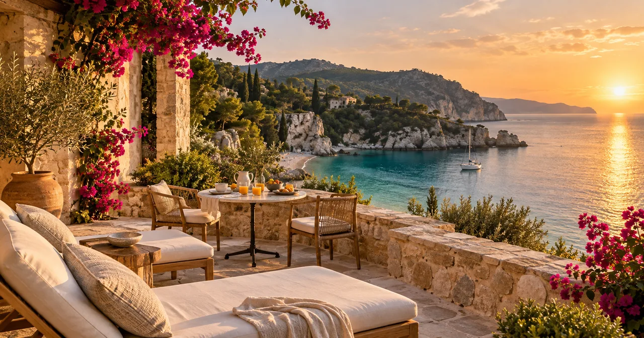 Imagined coastal terrace with linen loungers above a turquoise cove at golden hour