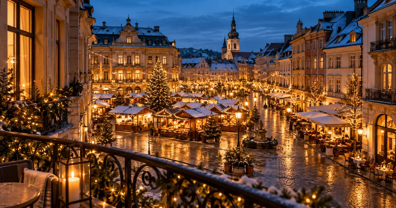 Imagined historic city square glowing with festive lights at dusk