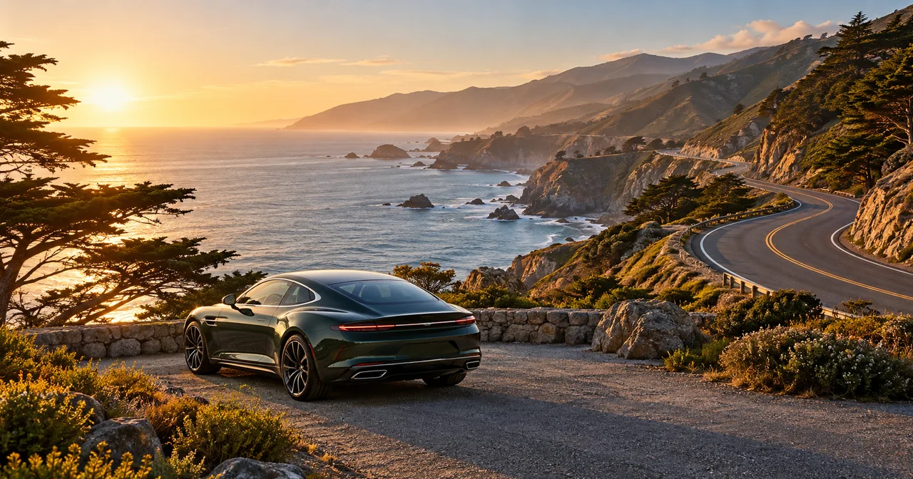 Imagined coastal road with a green touring car overlooking the sea