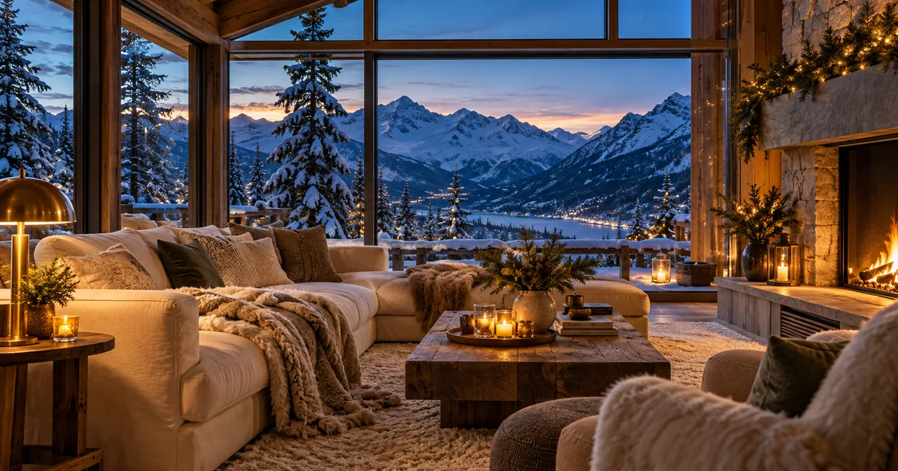 Imagined alpine retreat with a glowing fireplace and snowy mountain views